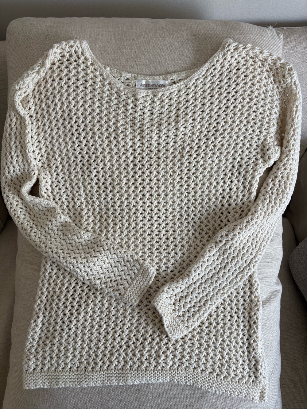 Jones New York Cream Open-Knit Crochet Crewneck Sweater